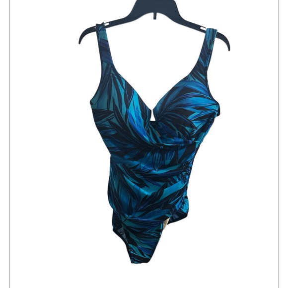 MiracleSuit Tropical Blue Gold Foil Palms Print One Piece Swimsuit Size 18 - Picture 3 of 6